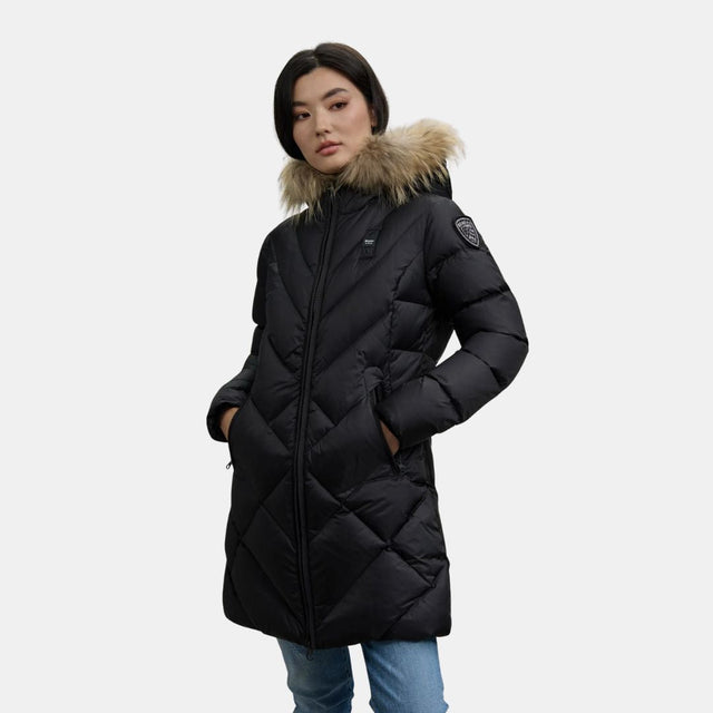 Blauer Althea Long Down Jacket With Geometric Lines Black Inside Beige