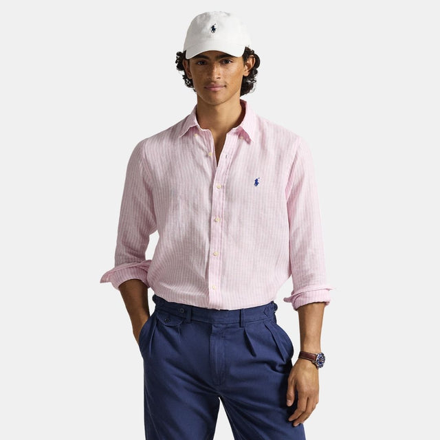 Polo Ralph Lauren Custom Fit Striped Linen Shirt Pink White