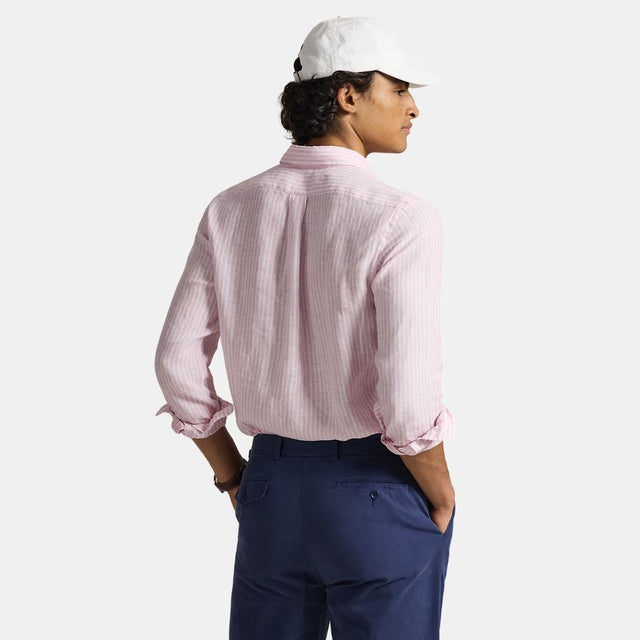 Polo Ralph Lauren Custom Fit Striped Linen Shirt Pink White