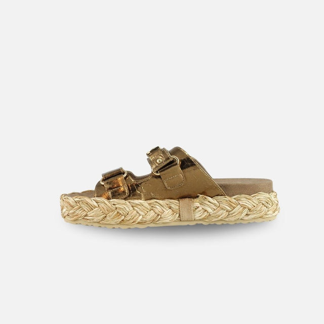 Mou Raffia Braid Sandal Leather Upper Untique Gold