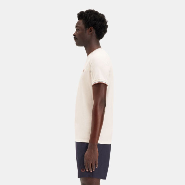 Fred Perry T-Shirt Twin Tipped Light Ecru Silver Blue & Cinnamon
