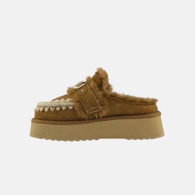 Mou Platform Clog-Letter Logo Cognac Suede