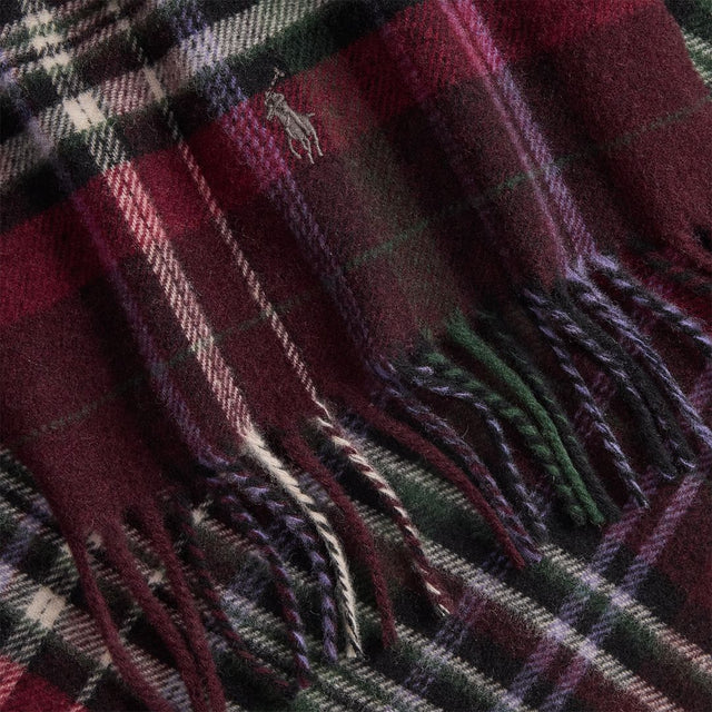 Polo Ralph Lauren Tartan Fringe Wool Scarf Wine Multi