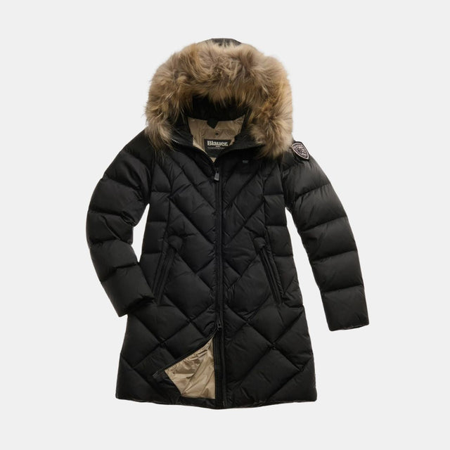 Blauer Althea Long Down Jacket With Geometric Lines Black Inside Beige