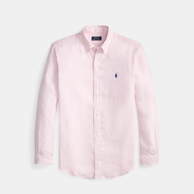 Polo Ralph Lauren Custom Fit Striped Linen Shirt Pink White