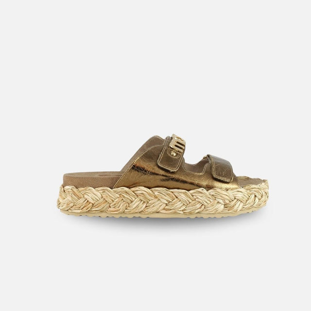 Mou Raffia Braid Sandal Leather Upper Untique Gold
