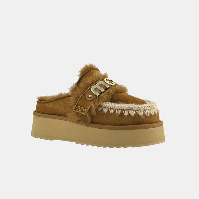 Mou Platform Clog-Letter Logo Cognac Suede