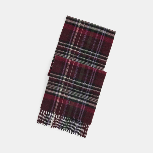 Polo Ralph Lauren Tartan Fringe Wool Scarf Wine Multi
